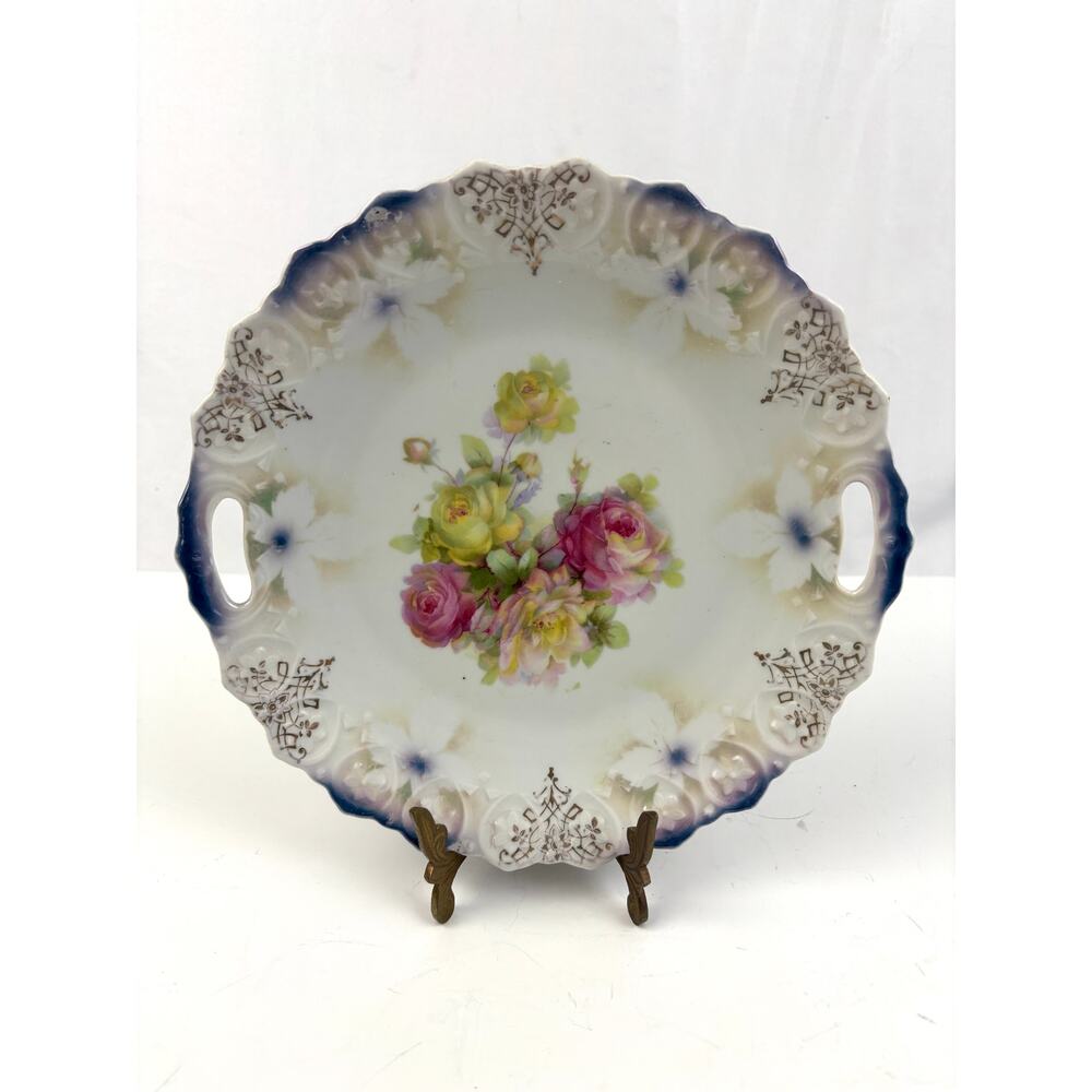 Antique Victorian‎ German Bavarian Porcelain Plate Hand-Painted Blue Gold Trim